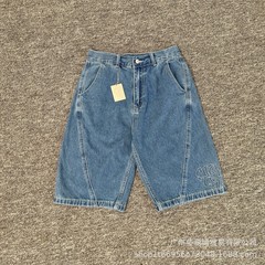 高版本Mertra街头刺绣字母洗水做旧牛仔裤美式休闲男女直筒五分裤