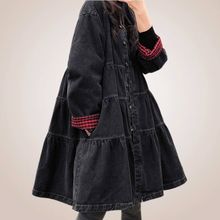 气质春秋季新款韩版女中长款宽松显瘦连帽撞色牛仔风衣外套大码