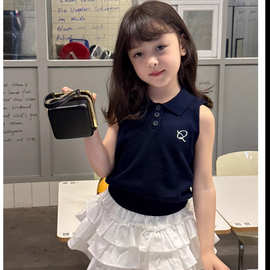 新款女童韩版无袖polo短袖背心洋气刺绣背心儿童翻领无袖针织上衣