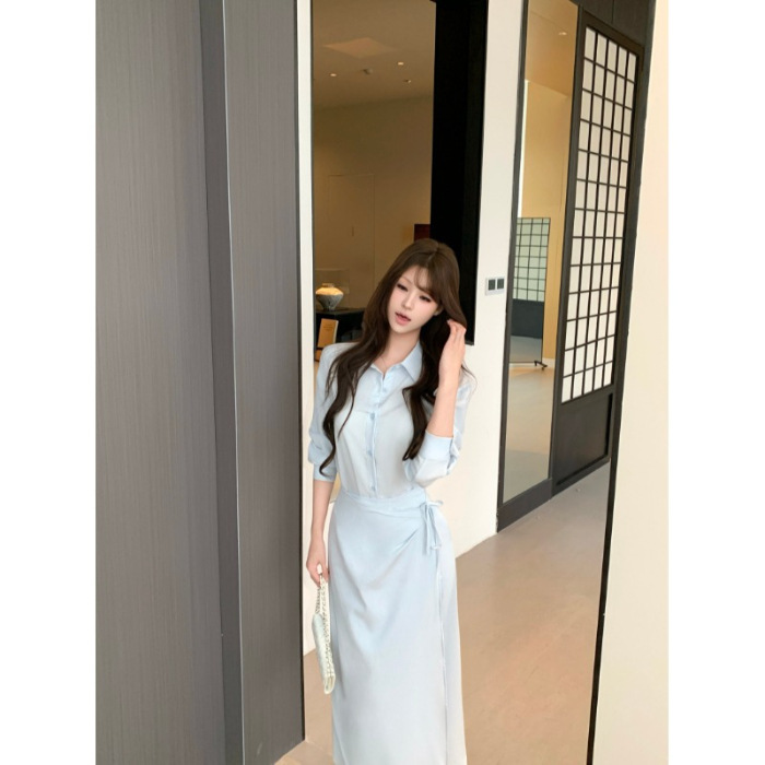 高级感假两件蓝色衬衫连衣裙女早秋冬季小众设计显瘦气质POLO长裙|undefined