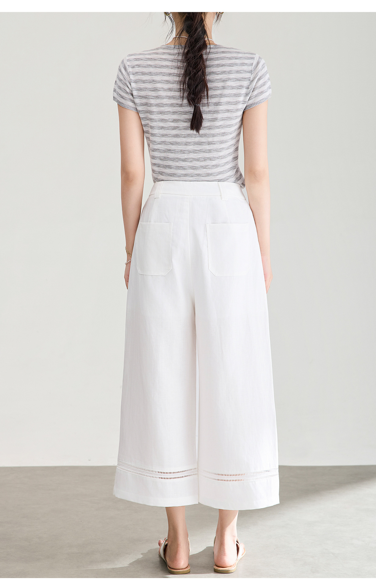 Quần culottes nữ ống rộng dáng dài 9 phần, chất liệu sợi gai dầu mỏng nhẹ mùa hè — màu xanh navy chi tiết 21