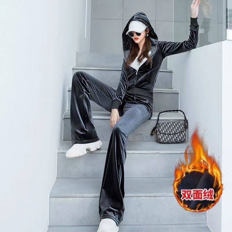 Velvet Tracksuit Set for Women, Autumn and Winter Fashion, Stylish Double-Sided Fleece Thickened Sweatshirt and Casual Wide-Leg Pants Two-Piece Set Velvet Tracksuit Set for Women, Autumn and Winter Fashion, Stylish Double-Sided Fleece Thickened Sweatshirt and Casual Wide-Leg Pants Two-Piece Set