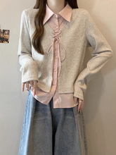 韩系假两件早新款大码女装2025粉色胖mm上衣灰chic长袖衬衫微秋季