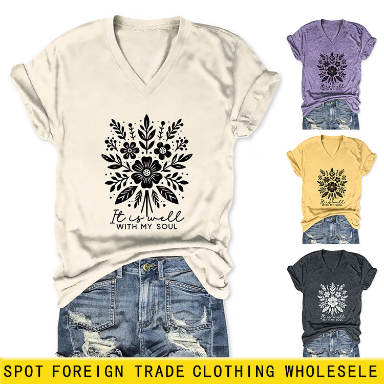 Retro elegant short sleeve T-shirt, Amazon, V-neckline