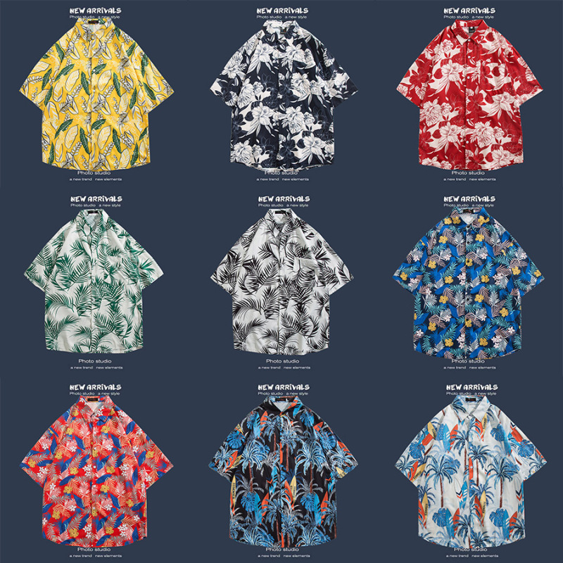 Hawaiian Short-Sleeved Floral Shirt Hong Kong Style Retro Vetiver Korean Style Trendyy Handsome Shirt Men and Women Couple Tops
