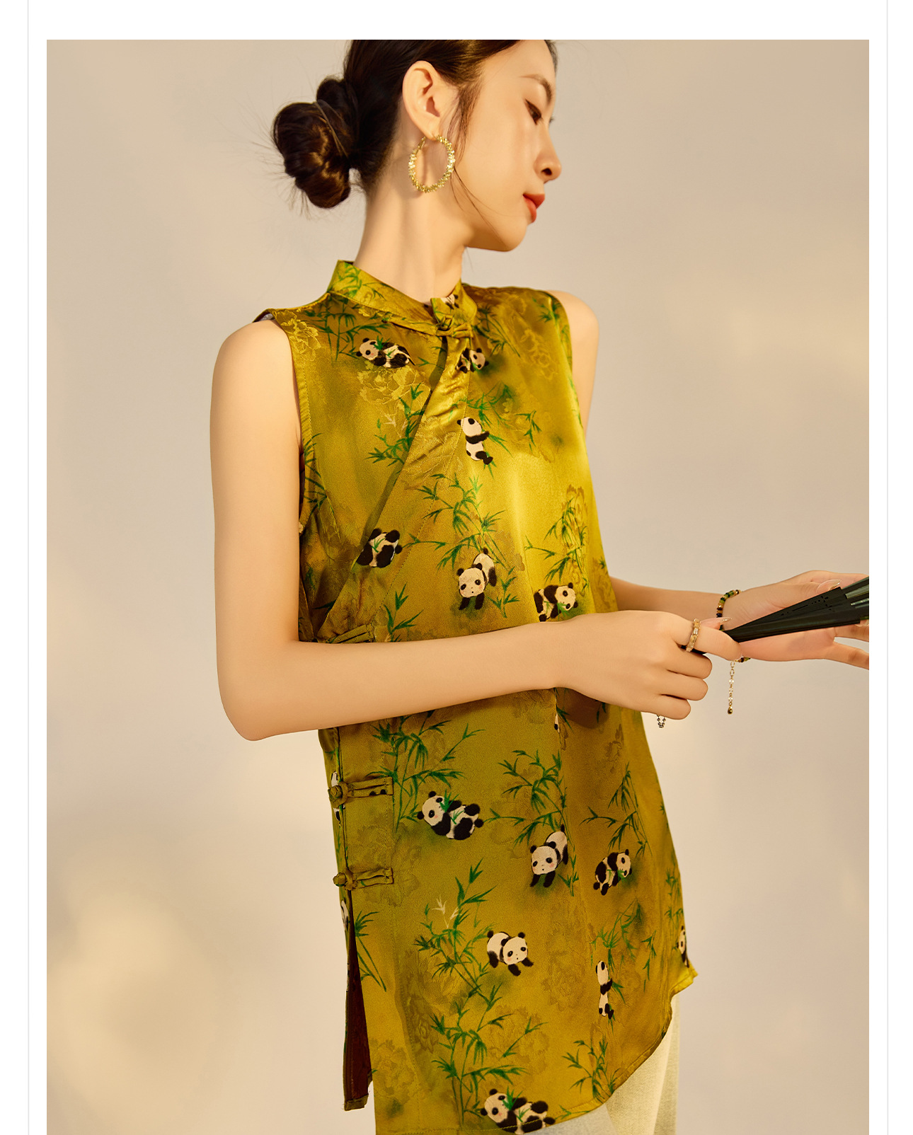 Áo vest cổ tre họa tiết gấu trúc phong cách Trung Hoa mới dành cho nữ — Màu vàng chi tiết 8