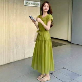 法式甜美风连衣裙女2026夏季新款绿色收腰显瘦系带A字裙高级感