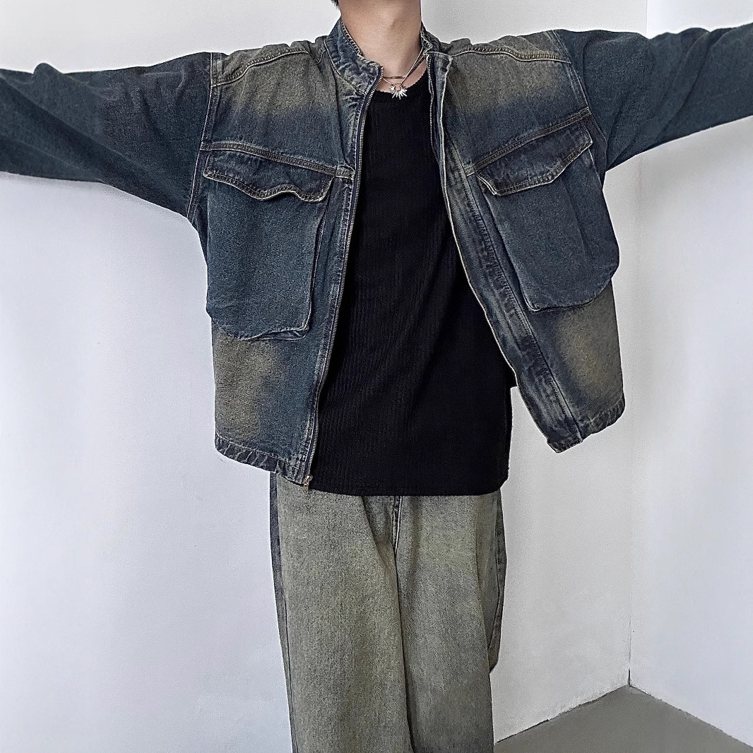 Otoño 2023 nostálgico azul retro flojo gran bolsillo del collar soporte Denim coat hombres casual zipper chaqueta de moda superior