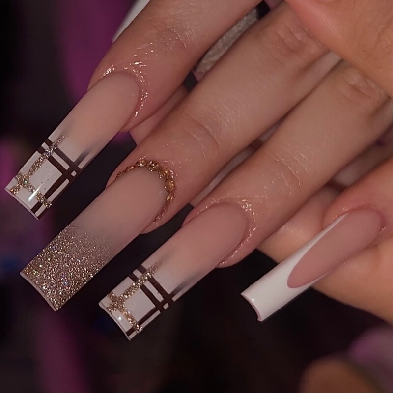 Press-On Nails, Extra Long, Plaid Design, Wearable, Checkerboard Pattern, Brown French Style, Wholesale