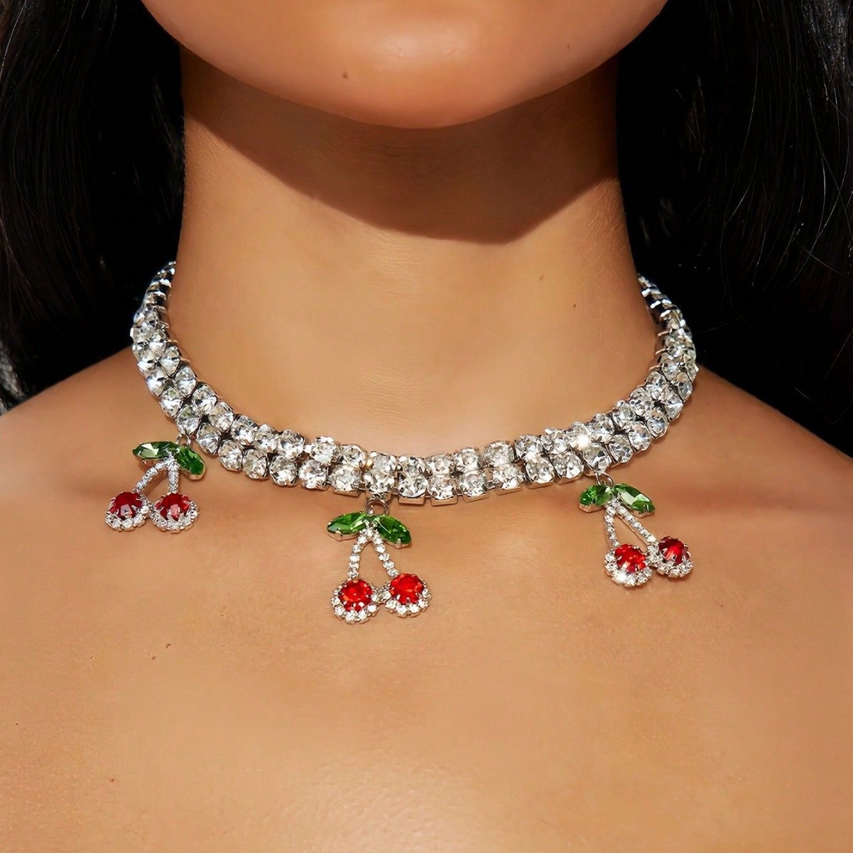 fashion sweet cherry pastoral style necklace shiny rhinestone simple versatile trend necklace women_voghion.com