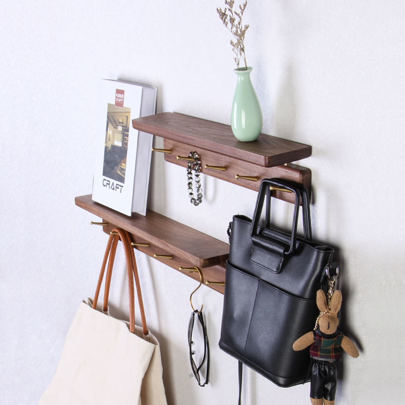 Rack de almacenamiento de pared de madera de estilo japonés hogar pasillo bolsa abrigo y sombrero rack de almacenamiento montado en la pared ropa gancho clave rack