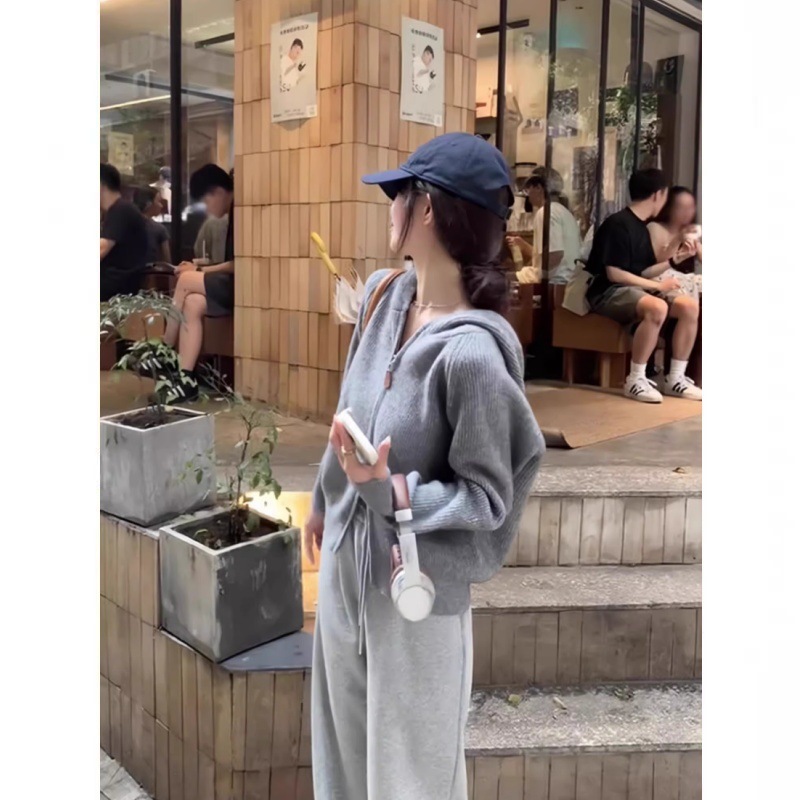 韩系连帽双拉链毛衣女秋冬2025新款坑条慵懒感针织开衫卫衣外套|undefined