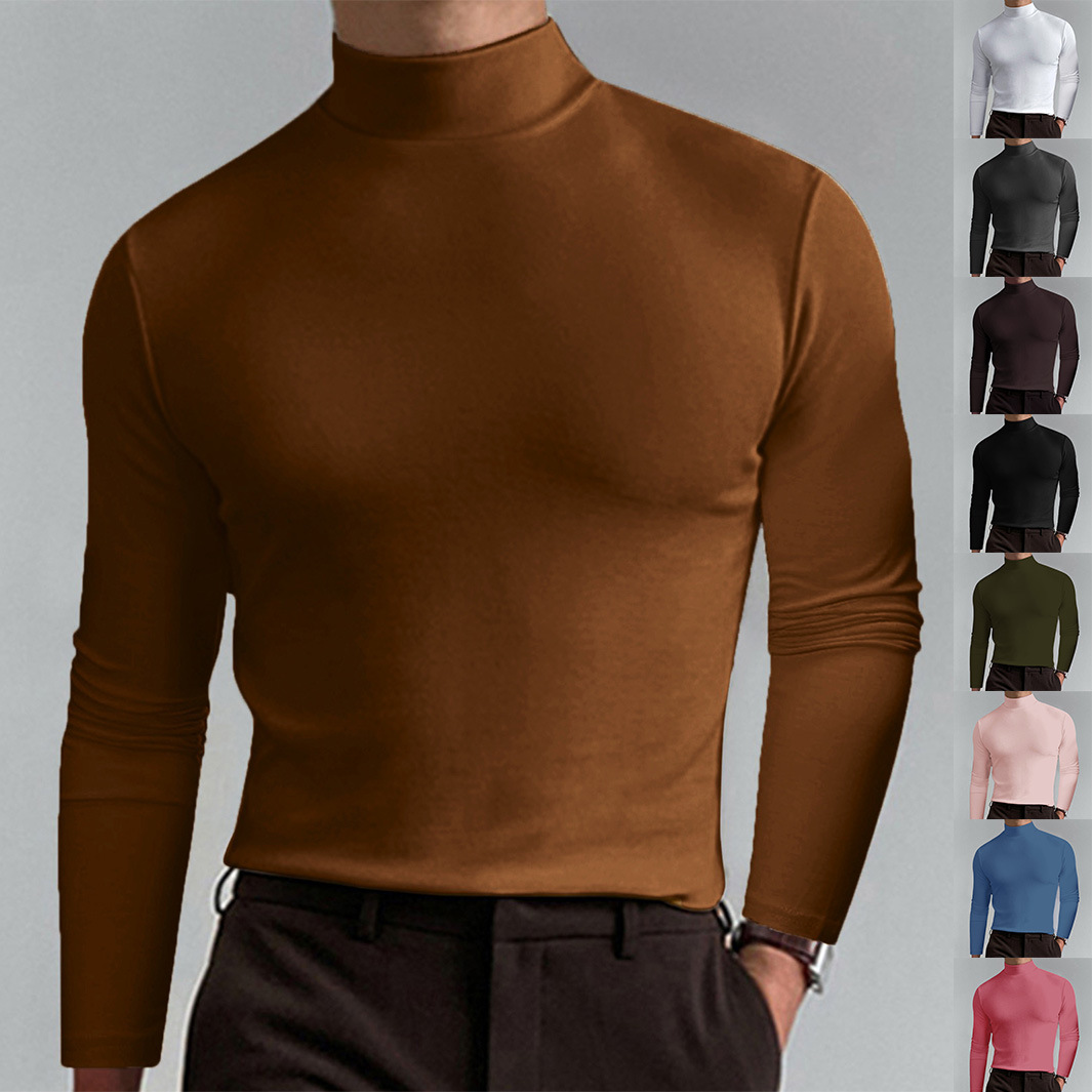 편안한 솔리드 컬러 밀크 실크 긴팔 남성 탑 유럽과 미국 남성 봄과 가을 하이 칼라 긴팔 티셔츠 남성베이스 셔츠