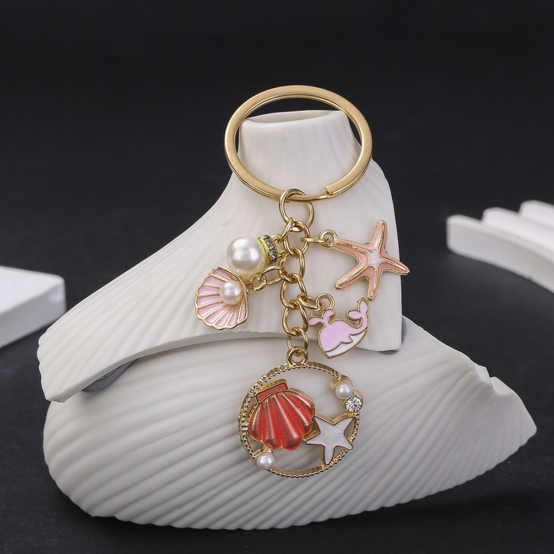 Cross-border New Pink Pearl Starfish Whale Keychain Oil Drop Marine Animal DIY Accessories Keychain Pendant