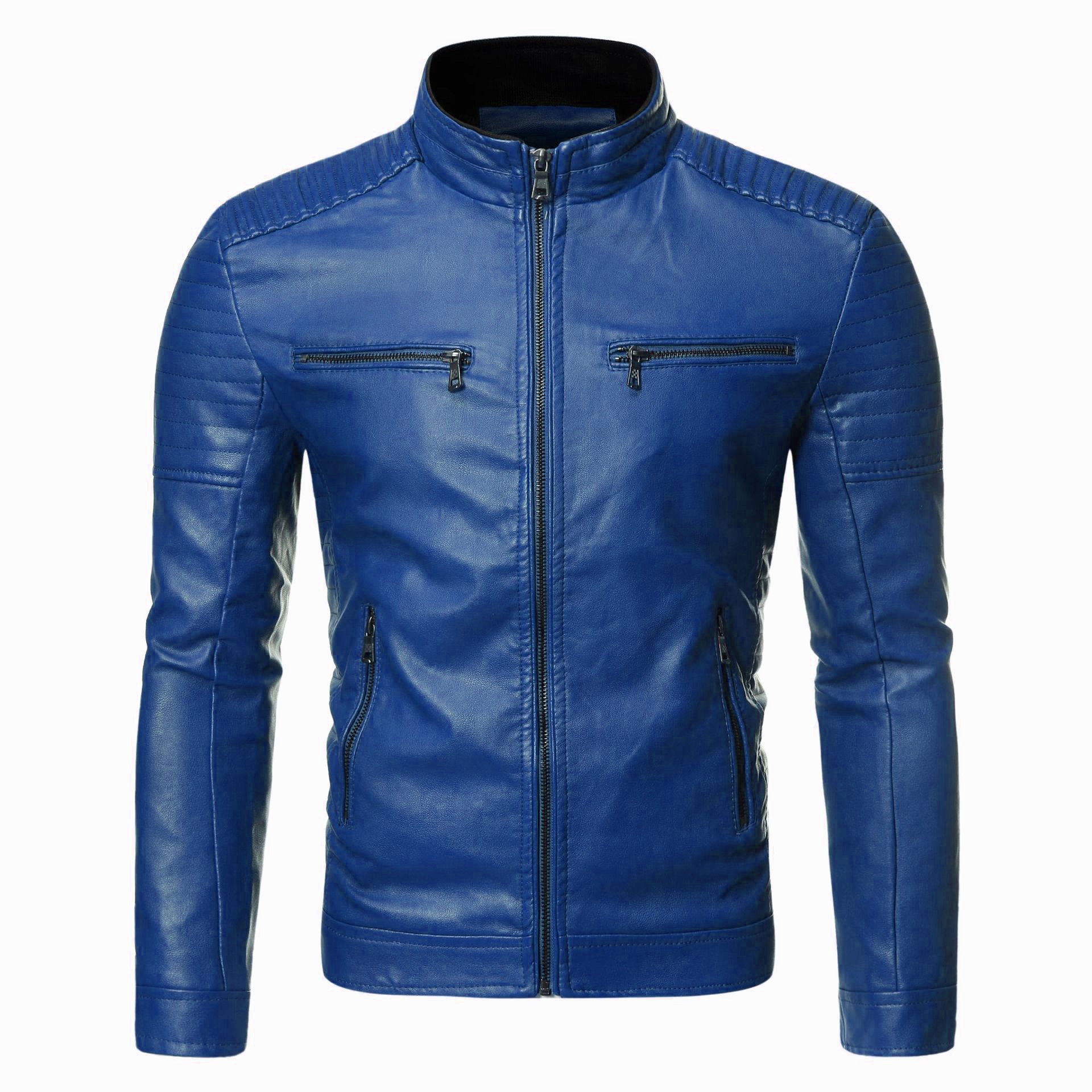AliExpress Amazon primavera y otoño Delgado de los hombres del collar del soporte rayado doble cremallera PU chaqueta de cuero más tamaño de la motocicleta abrigo de cuero