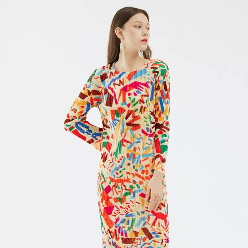 裙子女春季2025新款印花女装长袖涂鸦褶皱连衣裙修身显瘦a字裙女