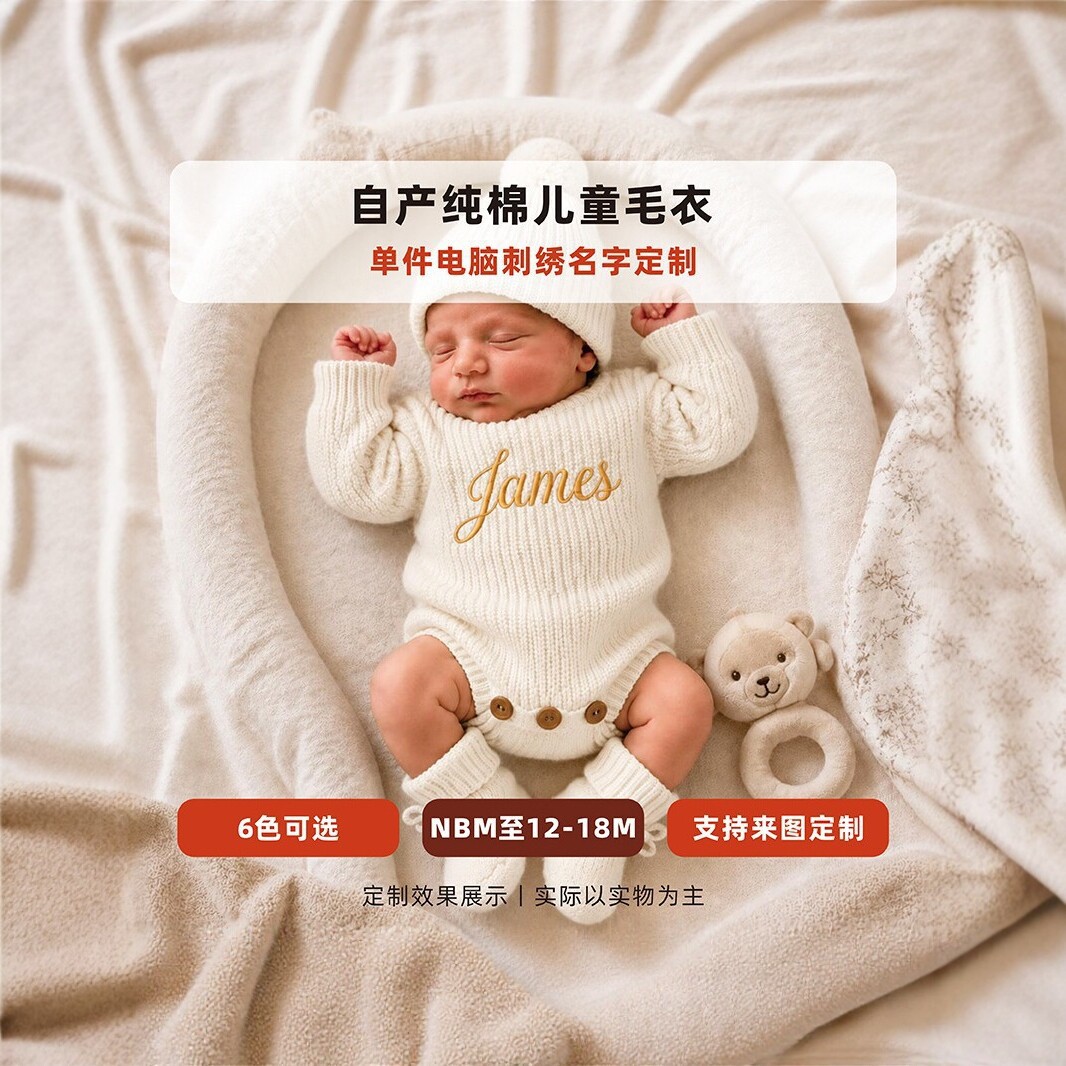 Custom-made, cross-border pure cotton knitted baby romper with personalized letter embroidery, baby onesie set