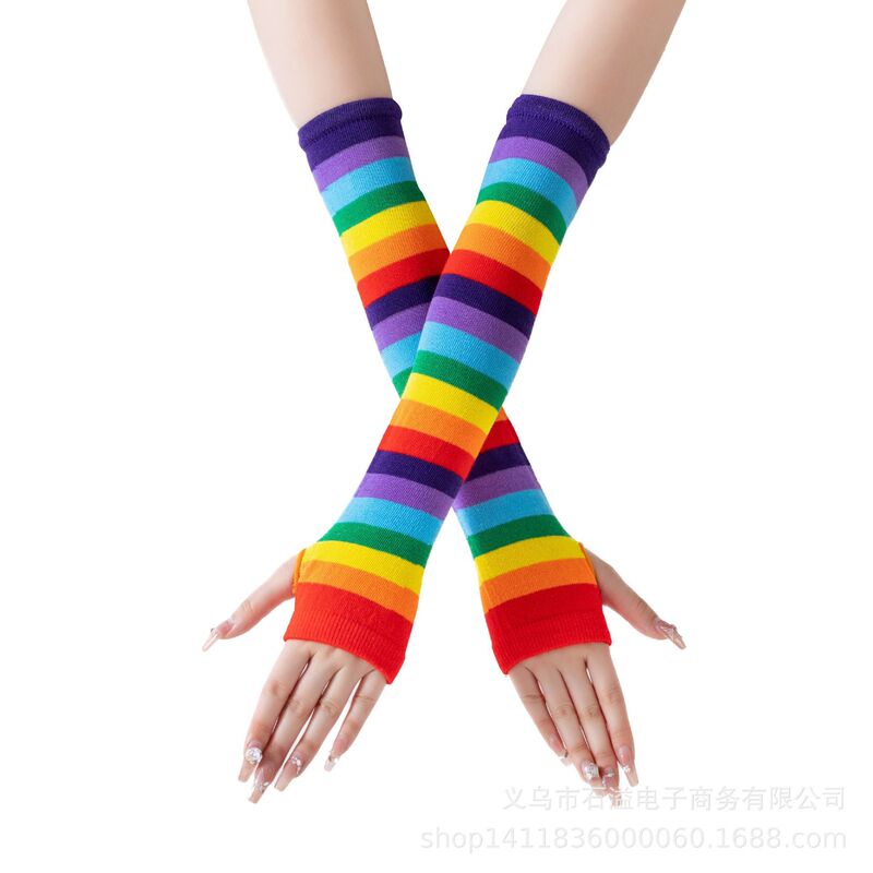 跨境彩虹条纹过膝袜手套女 动漫cosplay派对长筒袜学院风棉质JK袜|undefined