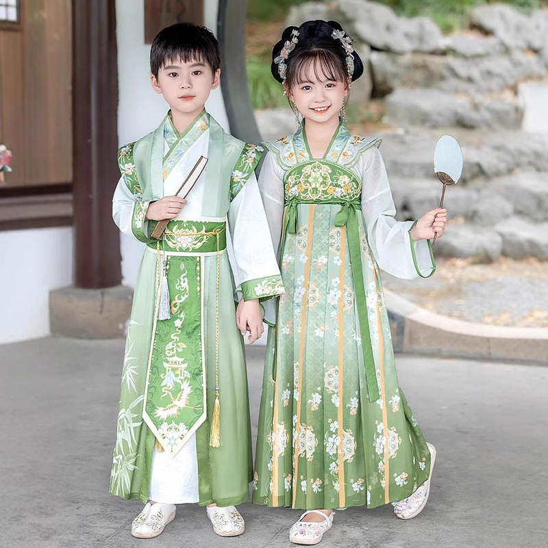 Boys and Girls Hanfu Suit, Children's Chinese Style Tang Suit, Boys' Ancient Style Traditional Chinese Clothing, Girls' Princess Dress, Short Sleeves