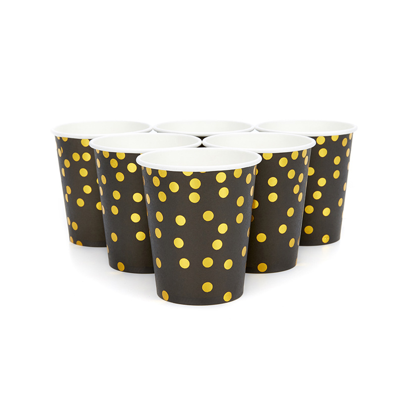 Oro negro serie banquete cumpleaños desechable Hotel vajilla suministros barbacoa al aire libre plato de papel taza cuchillo, tenedor y cuchara