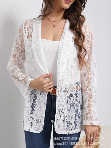 Stylish White Ruffled Blazer with Lace Splicing, Chic Women's Elegant Fashion Outerwear Jacket