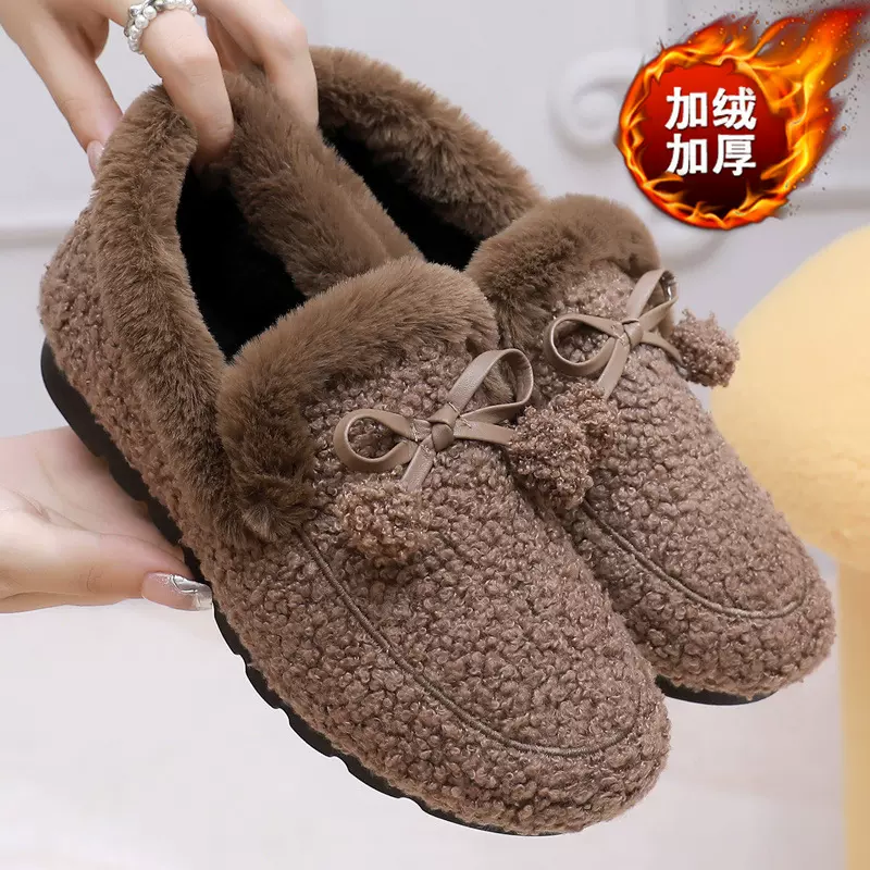 毛球豆豆鞋女秋冬季外穿加绒棉鞋平底百搭韩版一脚蹬毛球豆豆鞋女