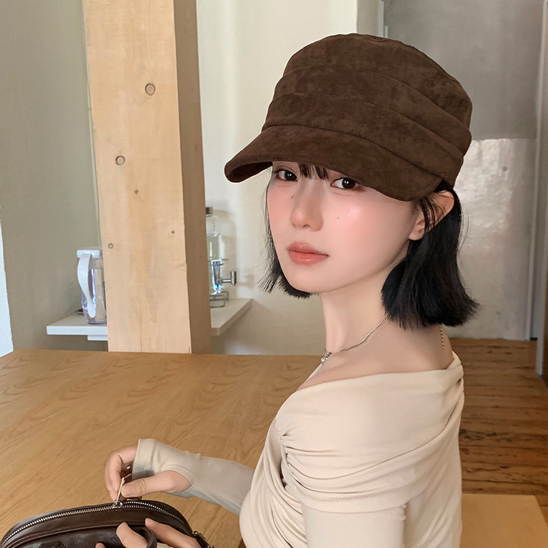 日式复古麂皮褶皱宽檐鸭舌帽女时尚文艺大头围显脸小平顶马术帽子|undefined