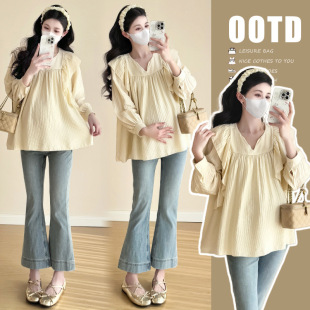 Real shot maternity clothes spring coat loose pregnant women shirt long sleeve T-shirt spring and summer plus size doll shirt base shirt