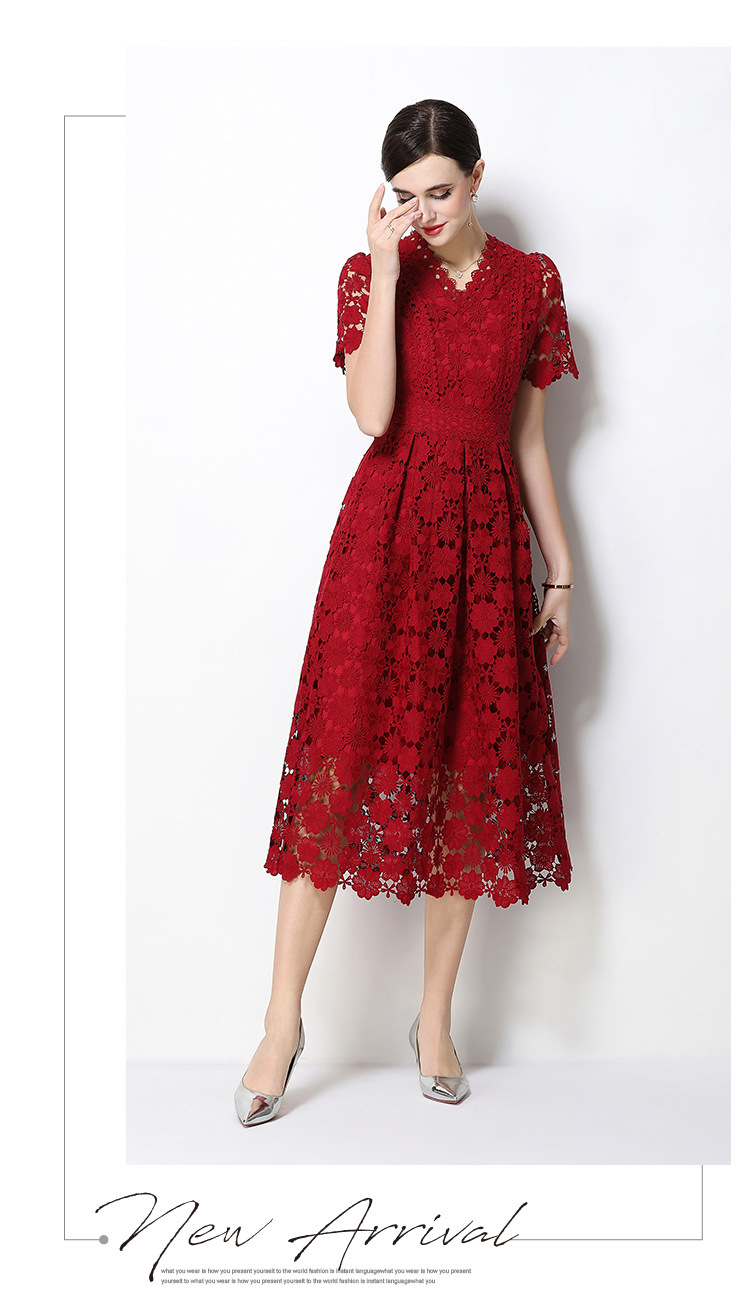 Đầm maxi nữ cổ V ren thắt eo tay ngắn họa tiết rỗng — màu đen, Rượu vang đỏ, màu hồng đậm, màu trắng chi tiết 51