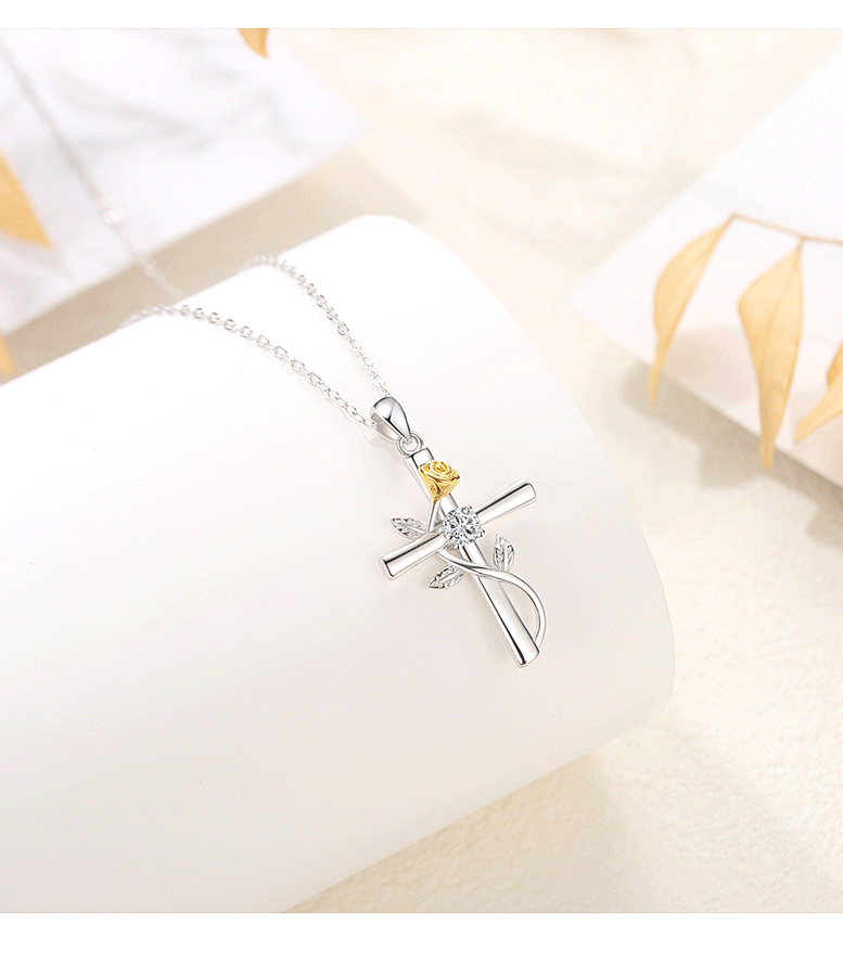 Zircon Inlay Material Pendant Necklace Classification 925 Sterling Silver Zircon Inlay Cross Rose Pendant Necklace