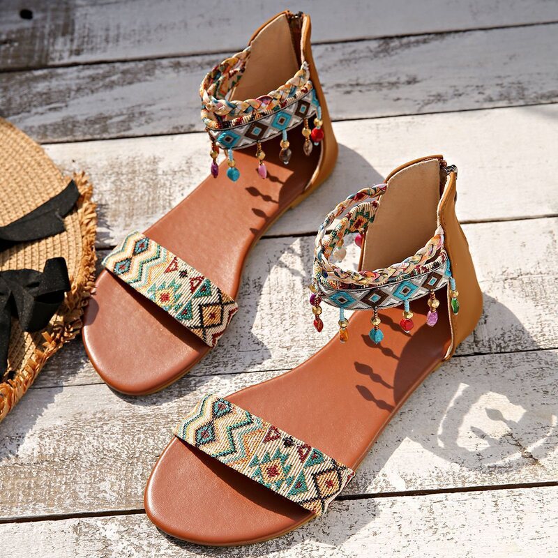 Large size back-zipper flat sandals for outdoor wear, 2026 new bohemian style beaded tassel beach sandals Large size back-zipper flat sandals for outdoor wear, 2026 new bohemian style beaded tassel beach sandals