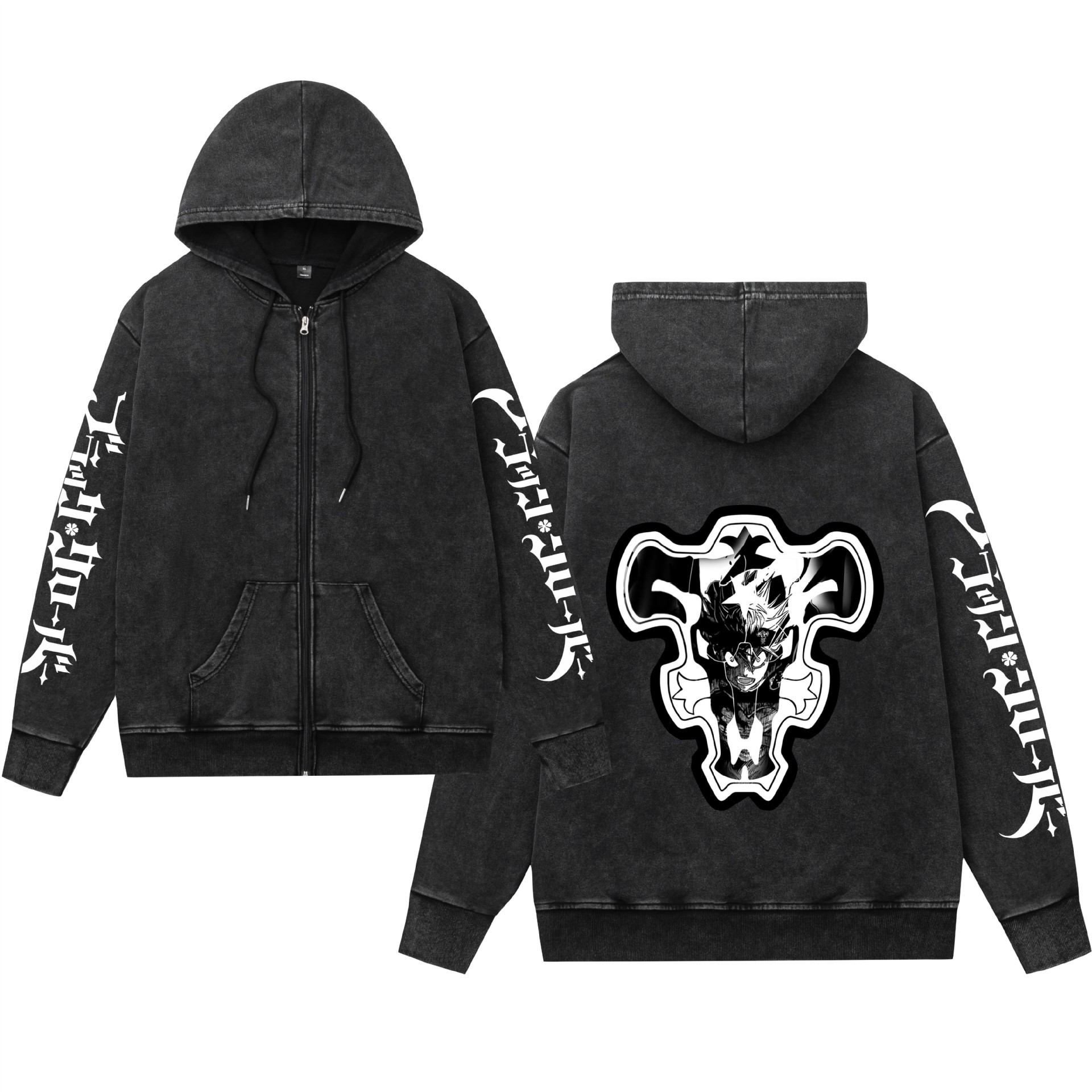 Comercio exterior lavado y desgastado suéter retro con capucha cremallera trébol de cuatro hojas negro estampado hombres y mujeres