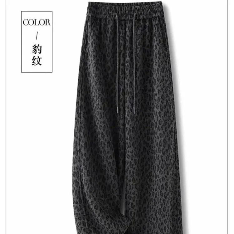 Fleece-Lined Thick Leopard Print Drawstring Straight-Leg Pants for Women 2025 Autumn and Winter Plus Size High-Waisted Slimming Versatile Drapey Long Pants