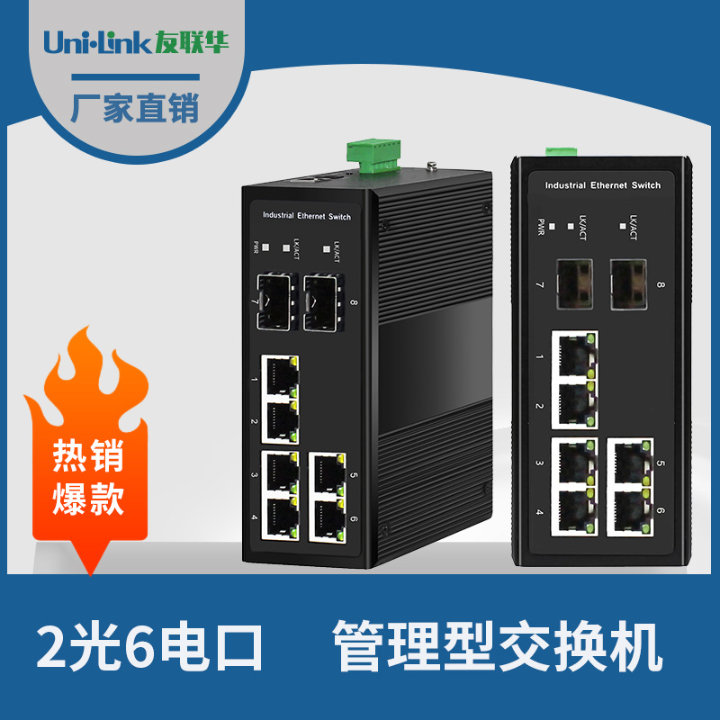 8口工业级环网交换机2光6电收发器 管理型网管sfp 深圳厂家友联华