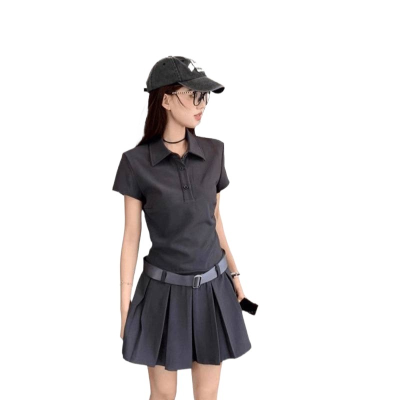 フレンチアメリカングレーポロカラー半袖Tシャツドレス夏の女性の小柄なスリムAラインプリーツスカート|undefined