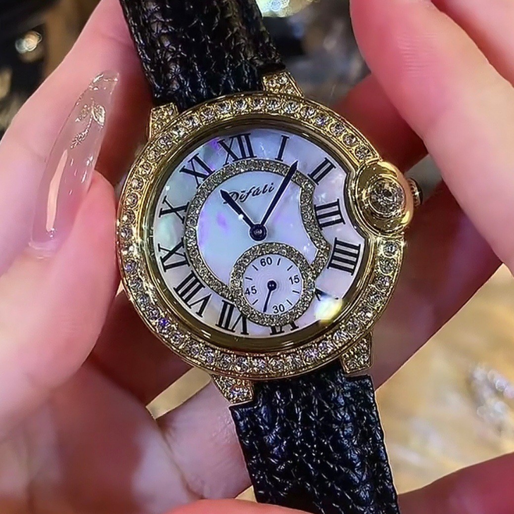 New Black Gold Diamond-Encrusted Confession Balloon Fashion Watch for Women, Light Luxury Niche Waterproof Leather Strap Quartz Watch
