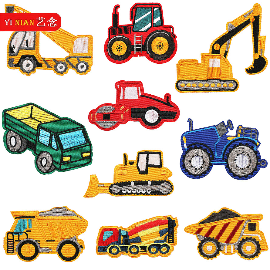 Coche de dibujos animados bordado pegatinas de tela Coche de ingeniería ropa para niños parche pegatinas bordado de computadora Zhang Zi Ropa Decoración camión de bomberos