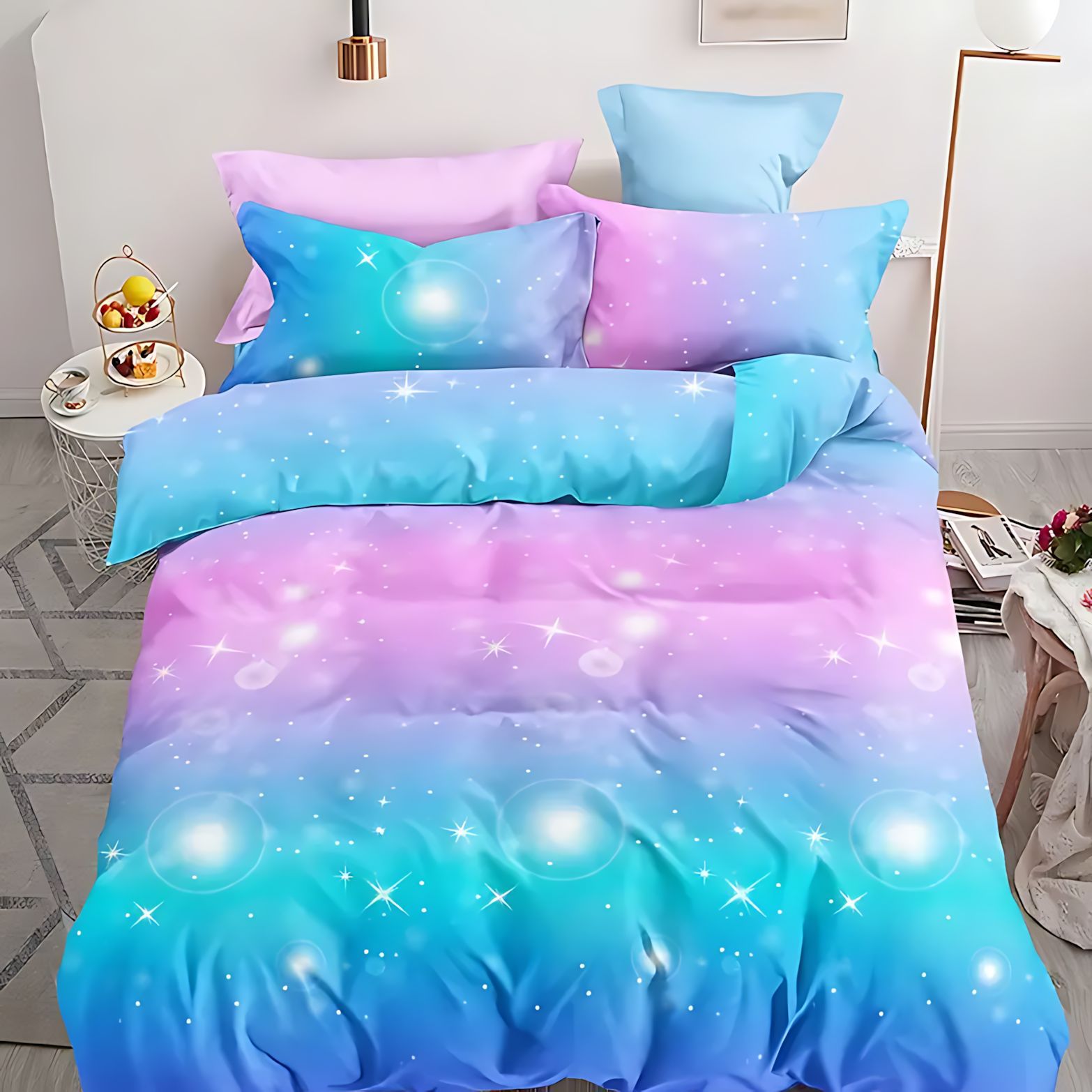 TEMU / JIT transfronterizo multicolor arco iris gradiente impresión digital 3D esponjosa colcha de cama set