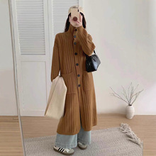 韩系慵懒风长款针织开衫毛衣女翻领坑条口袋软糯秋冬新款通勤外套