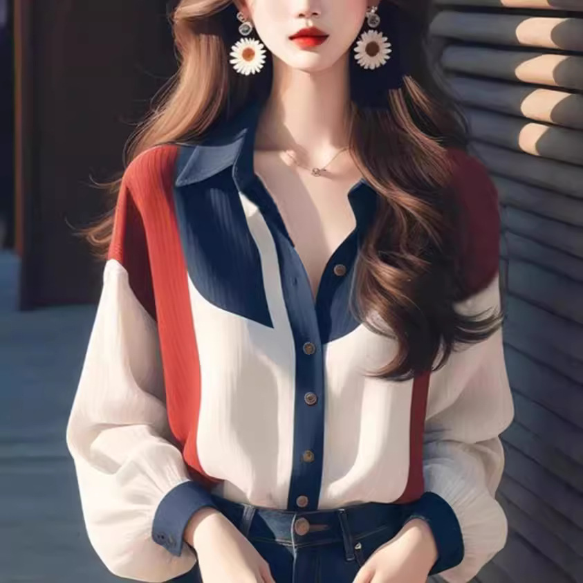 2024 년 초가을 새로운 여성 의류 차가운 스타일 하이 엔드 독특한 슈퍼 잘 보이는 느슨한 탑 컬러 대비 랜턴 소매 셔츠