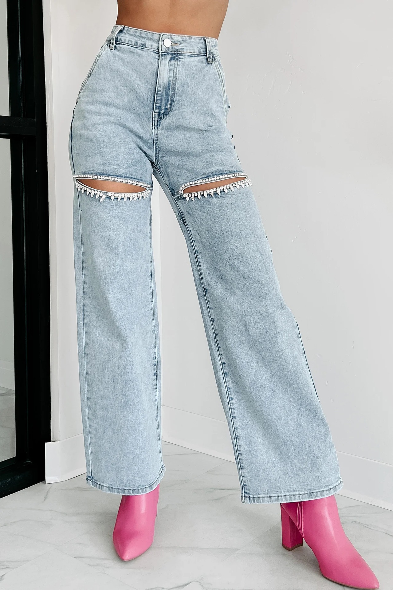 Mid Waist Waist Line Jeans, Straight Pants Pants Type Women's Daily Streetwear Solid Color Full Length Ripped Jeans Straight Pants