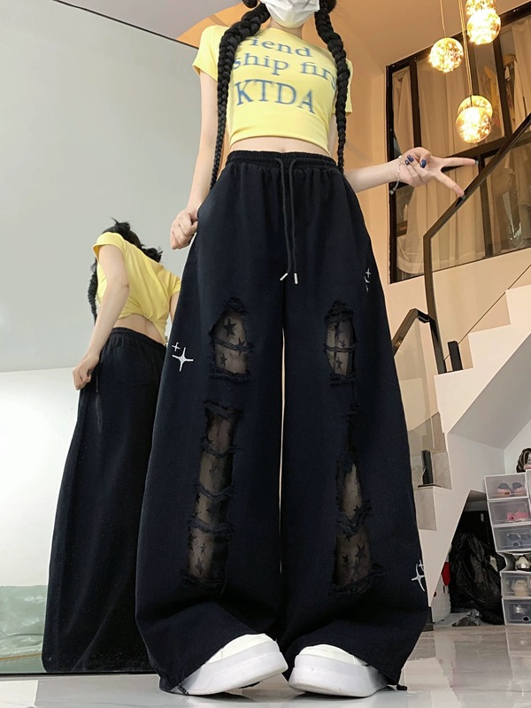 黑色破洞牛仔裤女2025夏季新款高腰显瘦直筒阔腿休闲爵士跳舞裤子|undefined