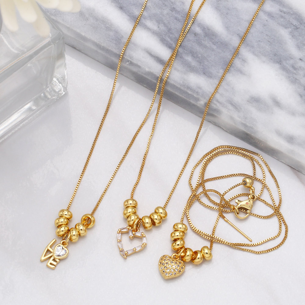 Fashion round Beads Womenu0027s Diamond-Embedded Heart Letter Love Pendant Zircon Copper Necklace
