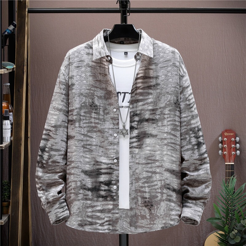 Teenage Men's Retro Hong Kong Style Loose and Comfortable Glossy Printed Long-Sleeved Shirt Spring and Summer Versatile Design Cardigan