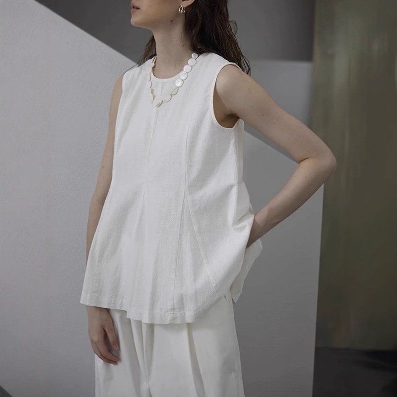 Minimalist French-Style Cotton-Linen Shirt 2026 Summer New Style Waist-Cinching Round-Neck Sleeveless Unique Linen Top