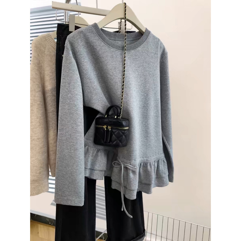 Outlet~Designed Plus-Size Waist-Cinching Ruffled Long-Sleeve T-Shirt for Women, Early Autumn, Loose and Slimming Inner Wear