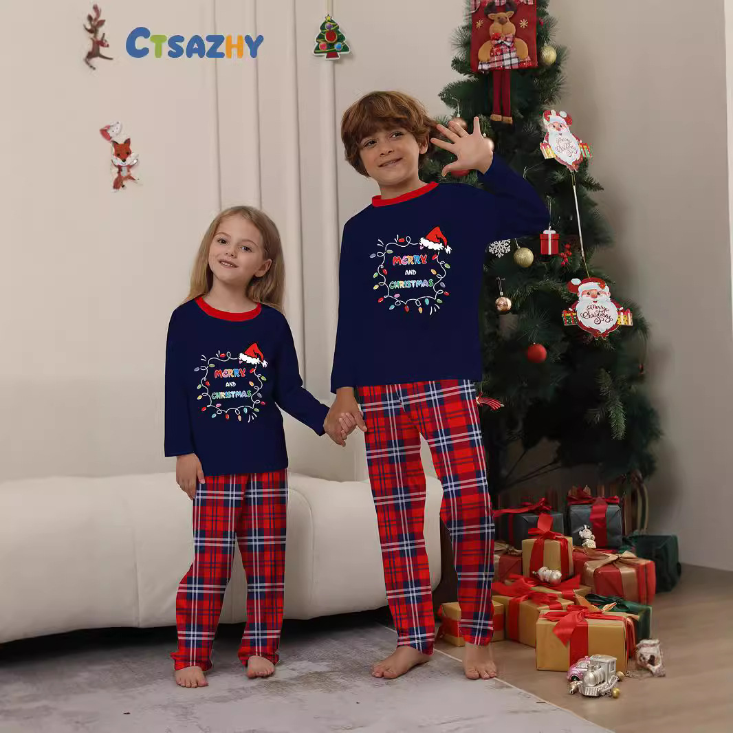 Chapeau de Père Noël alphabet lumineux avec vêtements de famille de Noël imprimés vêtements de maison pyjamas_voghion.com