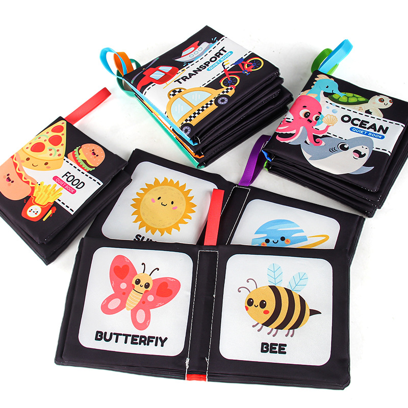 Cuatro libros de tela tridimensionales transfronterizos para bebés juguetes de educación temprana 4 caras 8 páginas en inglés libros de palma de alimentos y cognición animal libros de tela para bebés
