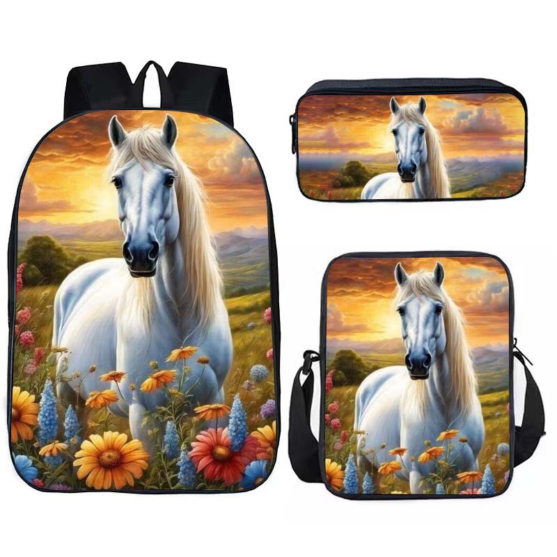 Cross-border new schoolbag suit backpack lunch bag pencil case animal horse pattern school primary school student men and women backpack