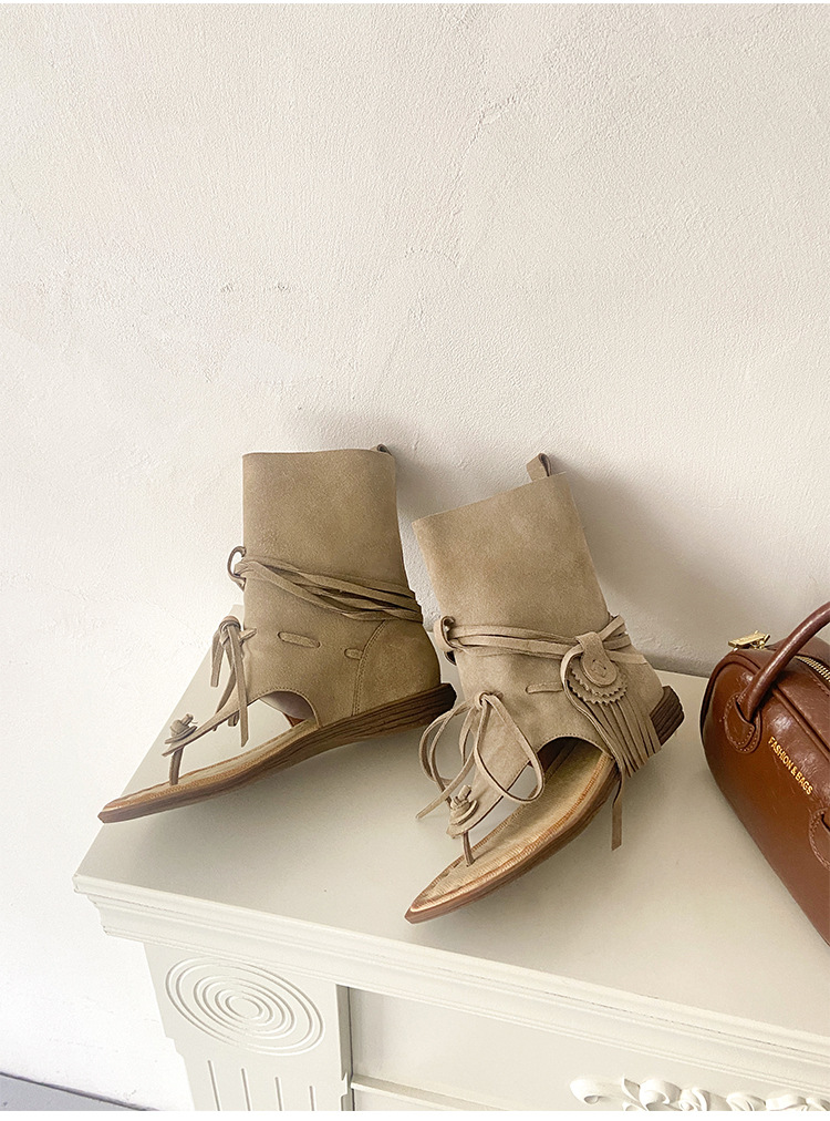 Dép sandal xỏ ngón bohemian đế bệt quai tua rua phong cách La Mã — Màu caramel, màu kaki chi tiết 20